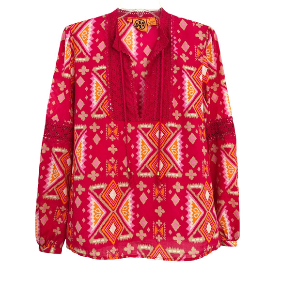 Tory Burch Ikat Print Tunic Top Size 4 Pink Cotton Crochet Beachy Boho - Picture 1 of 7